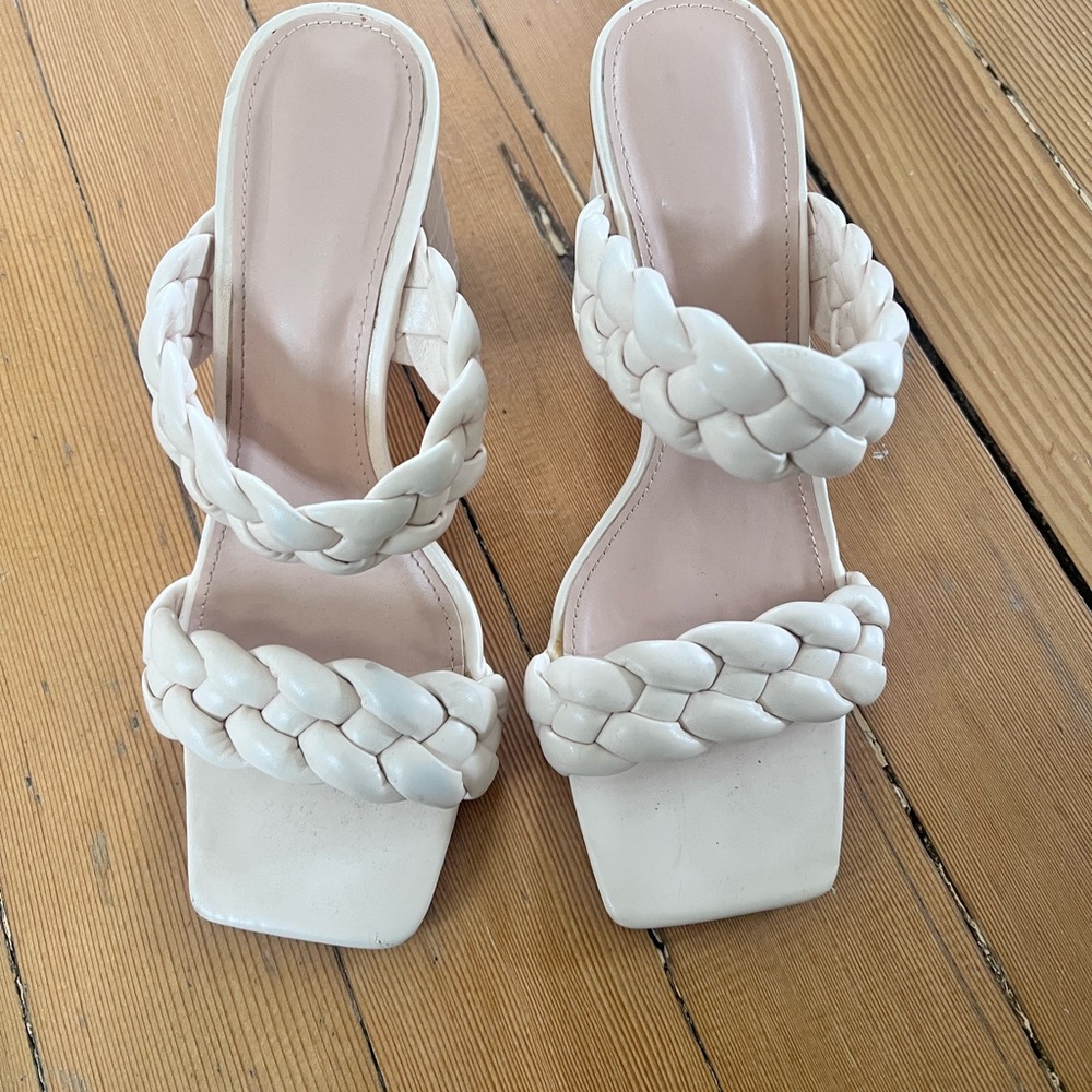Cream Sandals with Braided Straps and Square Toe Design